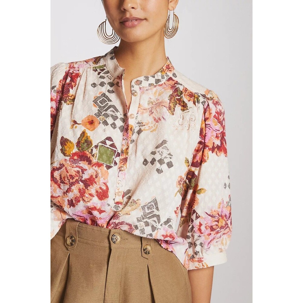 Anthropologie Pilcro Cropped Surf Blouse Floral Textured Cotton - M